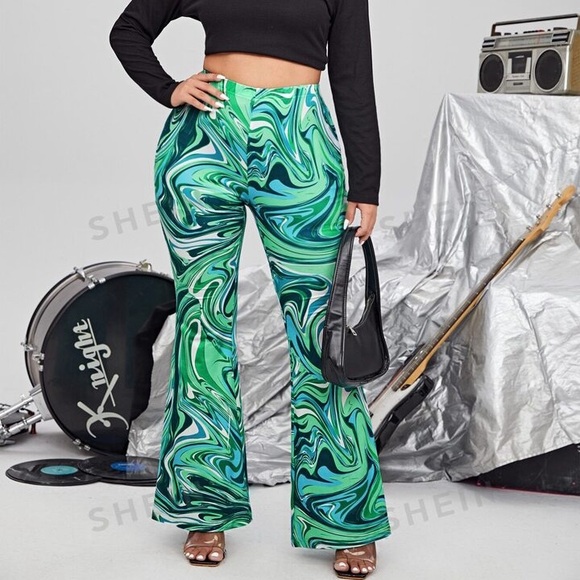 NWOT SHEIN green marble flare pants, size large - Picture 2 of 7